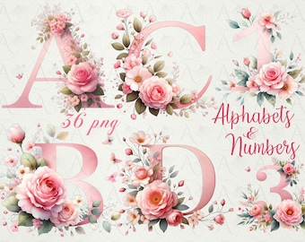 Pink Floral Alphabet Clipart: Watercolor Letters & Numbers (Download)