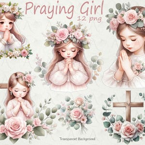 Mädchen beten Clipart - Rosa Erstkommunion, Religiöses Clipart Bundle-Gebete, Christliche Clipart, Heilige Kommunion, Religiöse Illustration