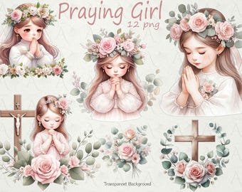 Praying Girl Clipart: First Communion, Religious Illustration (PNG Digital Download)