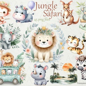 Watercolor Safari Animals Clipart , Cute Baby Shower Jungle Safari Clipart Bundle , Nursery decor, Birthday party, Safari scene,45 png