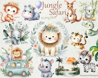 May include: A set of 45 jungle safari animal illustrations with a transparent background. The illustrations include a lion, tiger, zebra, rhino, hippo, monkey, kangaroo, elephant, crocodile, and a bus with animals inside. The illustrations are in a cartoon style and are perfect for use in digital projects.