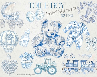 Toile de Jouy Boy Clipart: Baby Shower Nursery Graphics (PNG)
