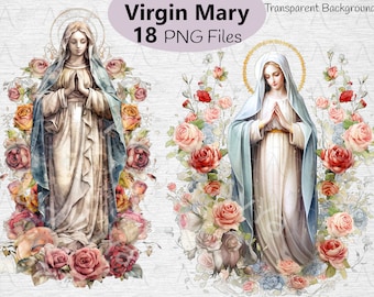 Virgin Mary Floral Clipart: Christian clipart, Religious, 18 PNG Images (Digital Download)