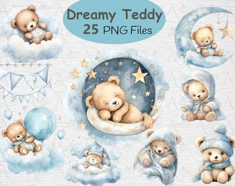 Clipart di orsacchiotto blu: baby shower, nursery PNG (download digitale)