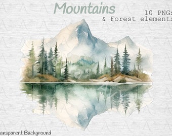 Imágenes prediseñadas de montaña en acuarela: Paisaje forestal PNG (descarga digital)