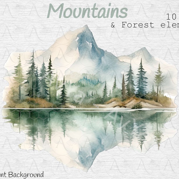 Aquarelle Mountain Clipart Set - Beaux paysages forestiers - Aquarelle Montagne Beau paysage forestier, montagnes et éléments forestiers