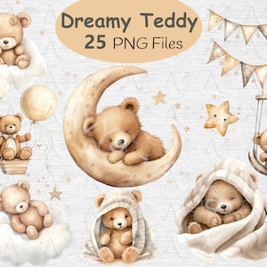 Neutrales Mädchen, junge Teddybär Clipart, schlafender niedlicher Teddy, neutrale beige Teddy-Babyparty, Baby-Geburtstag, Kinderzimmer-Teddy, Bären-Mond
