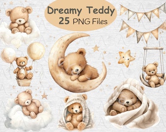 Neutral Girl , Boy  Teddy Bear Clipart, Sleeping Cute Teddy , Neutral Beige Teddy Baby Shower, Baby Birthday, Nursery Teddy , Bear Moon
