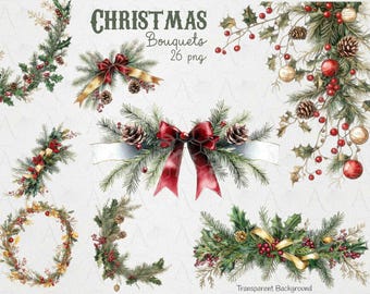May include: Watercolour illustrations of Christmas bouquets featuring pine branches, red berries, pine cones, and ribbons. The text "CHRISTMAS Bouquets 26 png" is displayed. The background is transparent.