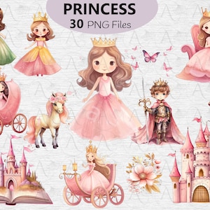 Pink Princess Clipart, Princess Castle, Carriage, Knight, Pony, Flower Castle Princess Nursery Decor , Princess Theme