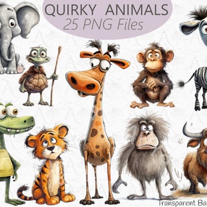 Könnte beinhalten: Eine Sammlung skurriler Tierillustrationen, darunter ein Elefant, eine Schildkröte, eine Giraffe, ein Affe, ein Zebra, ein Krokodil, ein Tiger, ein Gorilla und ein Bulle. Der Text "Quirky Animals 25 PNG Files" und "Transparent Background" ist enthalten.