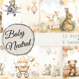 Nouveau bébé neutre A4 - 18 papiers numériques aquarelle, bébé garçon, ours en peluche, bohème, garçon/fille, scrapbooking, anniversaire de douche nouveau-né imprimable bricolage