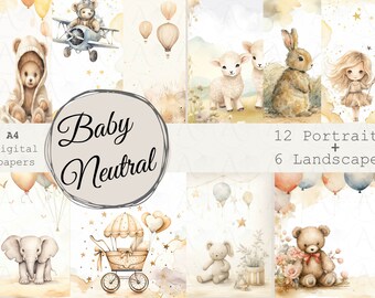 Watercolor Baby Digital Paper: Neutral Teddy Bear Designs (A4 Printable)