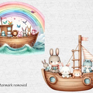 K&ouml;nnte beinhalten: Eine Aquarell-Illustration eines Holzboots mit einem Regenbogenbogen dar&uuml;ber. Das Boot ist mit verschiedenen Tieren gef&uuml;llt, darunter eine Katze, ein Kaninchen, ein L&ouml;we und ein Vogel. Das Boot segelt auf einem blauen Meer mit wei&szlig;en Wellen.