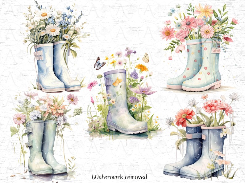 May include: Watercolor illustration of several pairs of light blue rain boots filled with colorful flowers. Butterflies flutter around the boots, and the background is a white, textured surface. The boots have buckles and are decorated with floral designs.