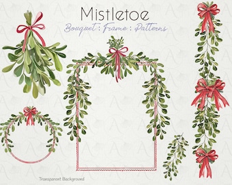 Mistletoe Clipart: Christmas Frames, Borders & Seamless Patterns (PNG, JPG Digital Download)