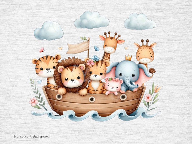 K&ouml;nnte beinhalten: Eine Aquarell-Illustration einer Gruppe von Tieren, darunter ein L&ouml;we, ein Tiger, eine Giraffe, ein Elefant und ein kleines rosa Schwein, die in einem Holzboot auf einer blauen Welle fahren. Die Tiere l&auml;cheln alle und sehen gl&uuml;cklich aus. Im Hintergrund sind Wolken und Schmetterlinge zu sehen.