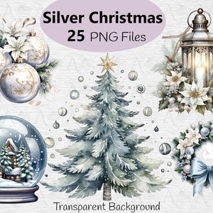 Christmas Ornaments Silver clipart. Christmas Gift clipart. Decoration, PNG. Digital watercolor. Holidays Decoration Clipart, Junk Journal