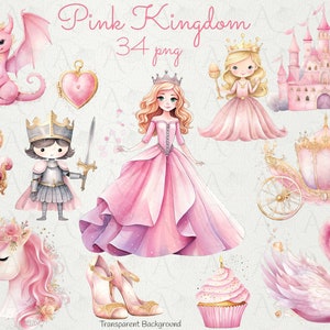 Pink Princess Clipart: Castle, Carriage, Knight (PNG Digital Download)