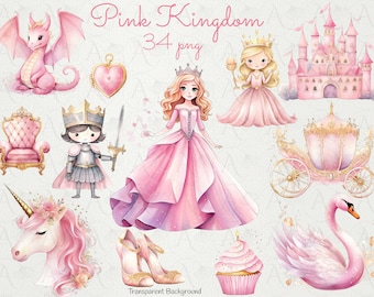 Pink Princess Clipart: Castle, Carriage, Knight (PNG Digital Download)