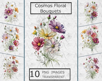 Cosmos Bouquet Clipart - 10 PNG Transparent Background, Flower, Sublimation, Card, Printing, Invitations, Instant Download - Commercial Use