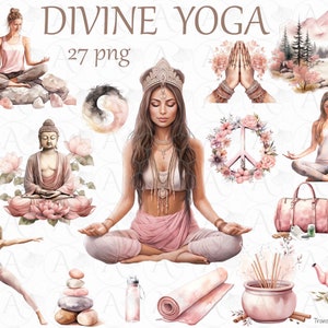 May include: A digital illustration set of 27 yoga-themed images, featuring a woman meditating in a lotus pose, a Buddha statue, a peace sign wreath, a yoga mat, a water bottle, a bag, incense, a teapot, a teacup, and a mountain landscape. The images are in a watercolor style with pink, white, and brown colors.