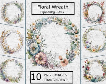 Floral Wreath Clipart: 10 PNG Watercolor Flower Designs (Commercial Use, Instant Download)