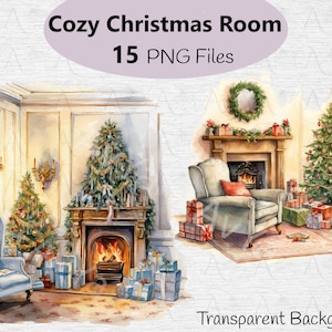 Christmas Cozy Living Room Clipart - 15 PNGs,  Cozy Room Christmas Tree, Fireplace, Cottage House  Festive Decor, Scrapbook, Junk Journal
