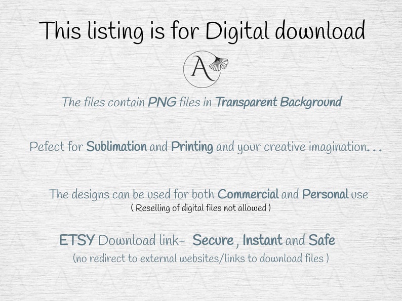May include: Image promoting a digital download, featuring text: "This listing is for Digital download." The text also mentions PNG files with transparent backgrounds, suitable for sublimation and printing. The designs are for commercial and personal use.
