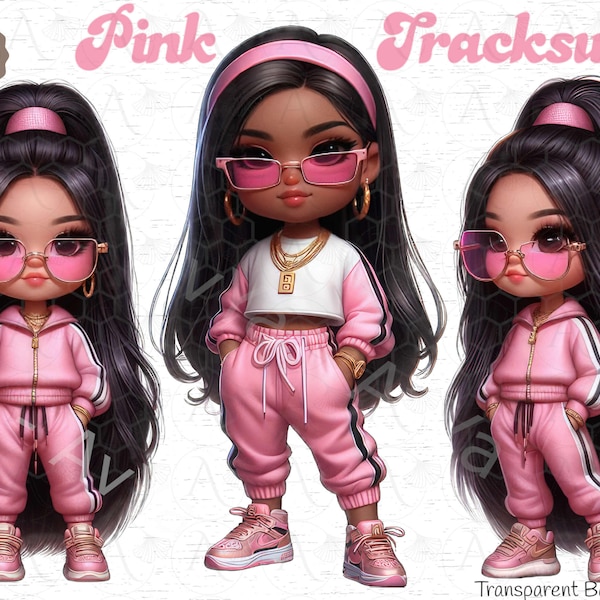 Pink Hip hop Chibi Doll - Black woman art ,African American png, Tracksuit black girl, Gym png , Junk Journals, Black Girl Clipart,