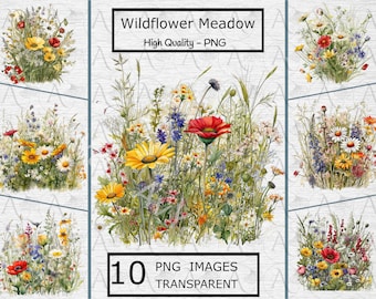 Meadow Wildflower Clipart: 10 PNG Floral Images (Commercial Use) (Digital Download)