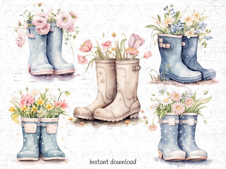 May include: Watercolor illustration of several pairs of rain boots filled with flowers. The boots are in various shades of blue, white, and beige. The flowers include pink, yellow, and white blooms. The words "Instant download" are at the bottom.