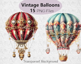 Vintage Hot Air Balloon Clipart: 15 PNG Victorian Graphics (Digital Download)