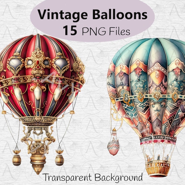 Vintage Hot Air Balloon clipart - 15 PNG clipart, Decorative Victorian Hot Air Balloon, Scrapbook, Journals, Prints, Steampunk Balloon
