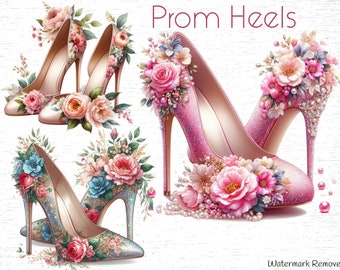 Floral Prom Shoes & High Heels Clipart Bundle  15 JPG - for Paper Crafts Floral High Heels Watercolor Clipart  Digital Download