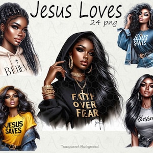 Black Women Clipart Set - Afro Women , Faithful Jesus & Prayer | PNG ,Inspirational Black Queen Clipart - African American Women , Faith PNG
