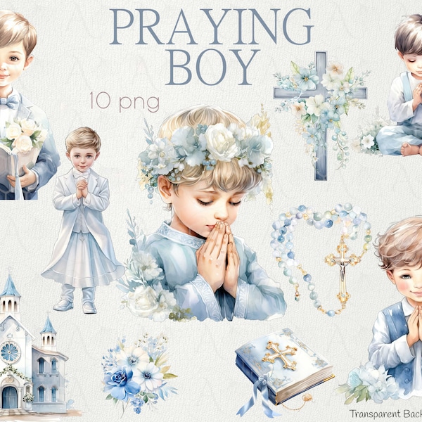 Vintage Praying Boy  First Communion Clipart Bundle , Religious Praying Boy , Boy Prayers  Graphics for Invites and Crafts