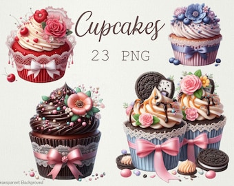 Conjunto de imágenes prediseñadas de cupcakes: 23 imágenes PNG de postres de panadería (descarga digital)