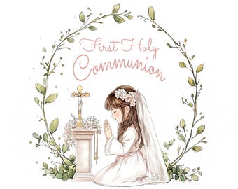 Girl First Communion Wreath PNG: Praying Girl, Cross (Instant Download)