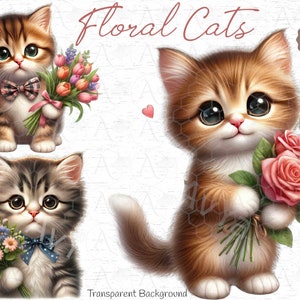 Chaton avec des fleurs, clipart chat, graphismes mignons de chaton, motifs floraux, avec fond transparent et usage commercial