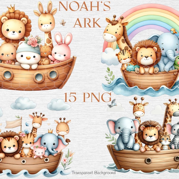 Noah's Ark Clipart Bundle, Cute Baby Animals Bible story Clipart Bundle - Watercolor Graphics, Christian Religious Clip Art, Nursery Decor