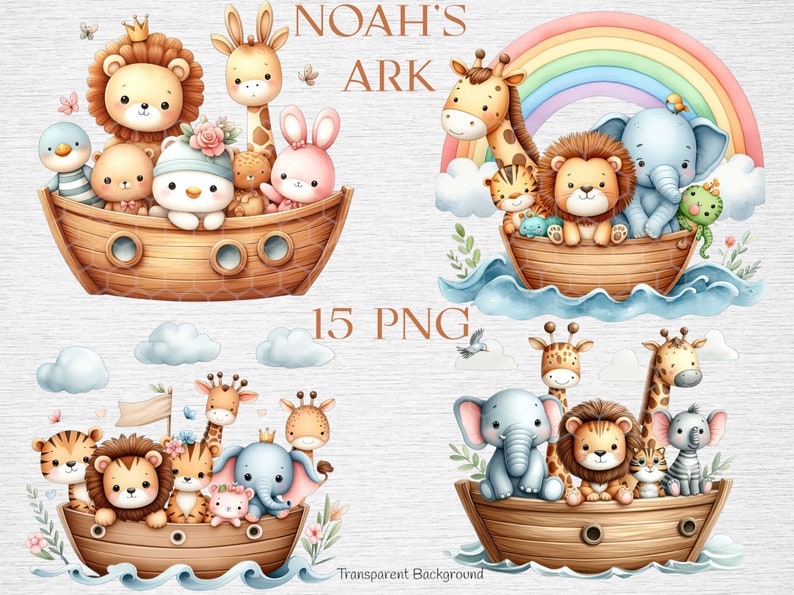 K&ouml;nnte beinhalten: Ein Set mit 15 digitalen Illustrationen von Noahs Arche mit verschiedenen Tieren, darunter ein L&ouml;we, eine Giraffe, ein Elefant, ein Tiger und ein Zebra. Die Tiere sind alle cartoonartig und haben s&uuml;&szlig;e Gesichtsausdr&uuml;cke. Die Arche ist braun und aus Holz, und der Hintergrund ist ein hellblauer Aquarell-Wasch. Der Text "Noah's Ark" ist in braunen Buchstaben oben im Bild geschrieben. Der Text "15 PNG" ist in braunen Buchstaben unten im Bild geschrieben.