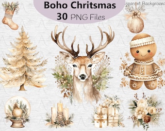 Cozy Christmas Clipart, Neutral Christmas , Boho Christams Clipart, Winter Holiday, PNG Bundle, Watercolour Christmas, Commercial Download