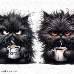 Grumpy Coffe Cat Clipart, Adorable Black Coffee lover Cat Clipart: Instant Download PNG for Crafts , Cat Lovers Delight image 8