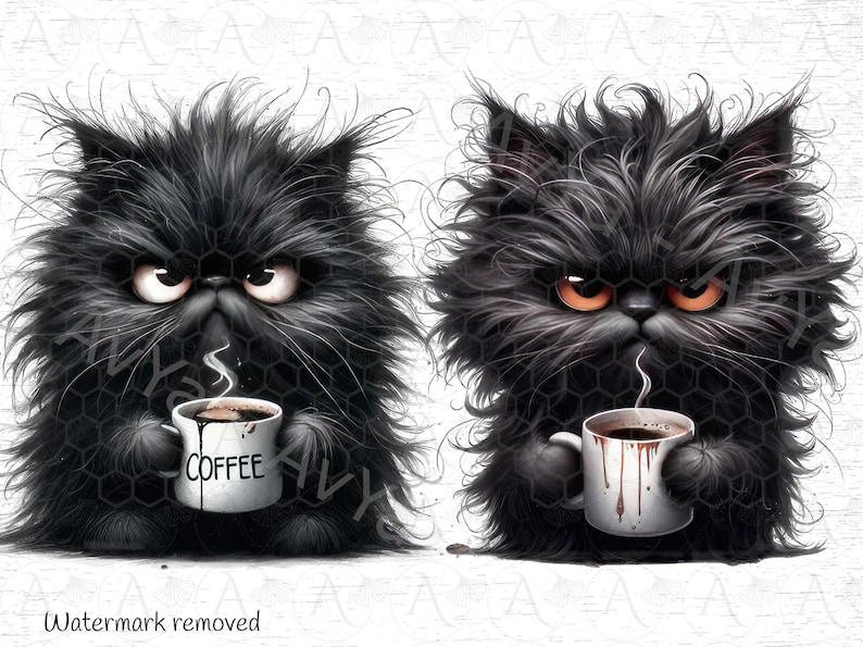Grumpy Coffe Cat Clipart, Adorable Black Coffee lover Cat Clipart: Instant Download PNG for Crafts , Cat Lovers Delight image 8