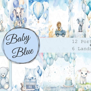 Nouveau bébé garçon bleu A4 - 18 papiers numériques aquarelles, bébé garçon, ours en peluche, dinosaure, album de scrapbooking, bricolage imprimable anniversaire pour nouveau-né
