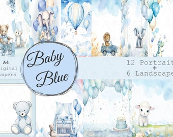 Baby Boy Blue Watercolor Digital Papers: A4 Printable (Digital Download)