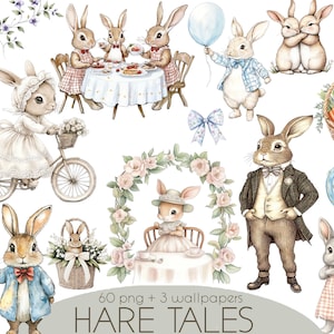 Vintage Hase, Clipart, Frühling Cottage Clipart, Geburtstag, Babyparty Dekor, Landposter niedlichen Retro Peter Frühling Clip Art