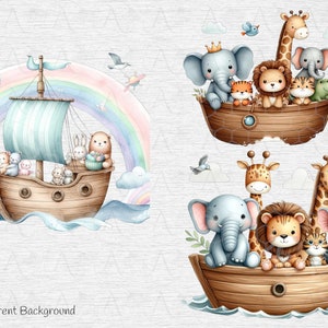 K&ouml;nnte beinhalten: Zwei Aquarell-Illustrationen von Tieren auf einem Boot. Die erste Illustration zeigt ein blaues und wei&szlig;es Segelboot mit einem Regenbogen im Hintergrund. Die zweite Illustration zeigt ein braunes Holzboot mit einer Giraffe, einem Elefanten, einem L&ouml;wen und anderen Tieren.