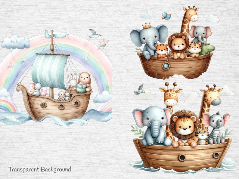 K&ouml;nnte beinhalten: Zwei Aquarell-Illustrationen von Tieren auf einem Boot. Die erste Illustration zeigt ein blaues und wei&szlig;es Segelboot mit einem Regenbogen im Hintergrund. Die zweite Illustration zeigt ein braunes Holzboot mit einer Giraffe, einem Elefanten, einem L&ouml;wen und anderen Tieren.